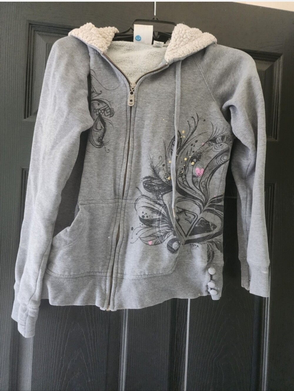 Roxy Gray Zip-Up Hoodie with Black Decorative Print and Pink & White Accents